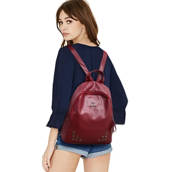 

Fashion PU Leather Ladies Backpack New Students School Bags New Black Red Rivets Travel Big Backpack for Teenagers