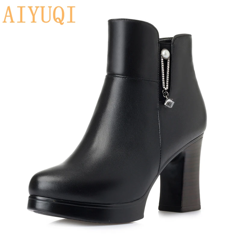 

AIYUQI Female Martin Boots Winter 2019 New Genuine Leather Women Booties Thick Wool Warm Fashion High-heeled Women Dress Boots