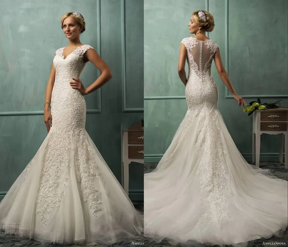 2016 V Neck Cap Sleeve Lace Tulle Mermaid Wedding Gowns