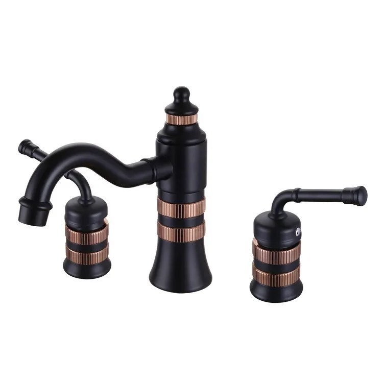 

Luxury unique 3 Holes Deck Mount Widespread Double Handles Bathroom Faucet mixer faucet,Matte Black and Rose gold Finish