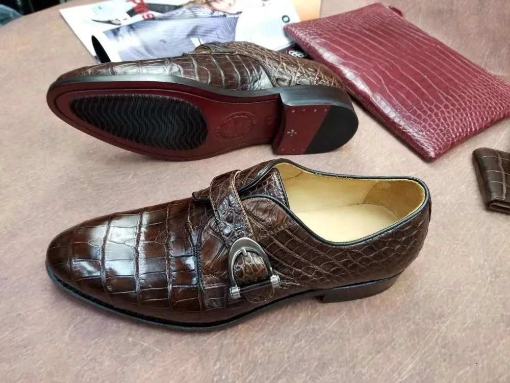 

100% Genuine real crocodile belly skin men shoe durable solid brownc color glossy crocodile belly skin men business dress shoe