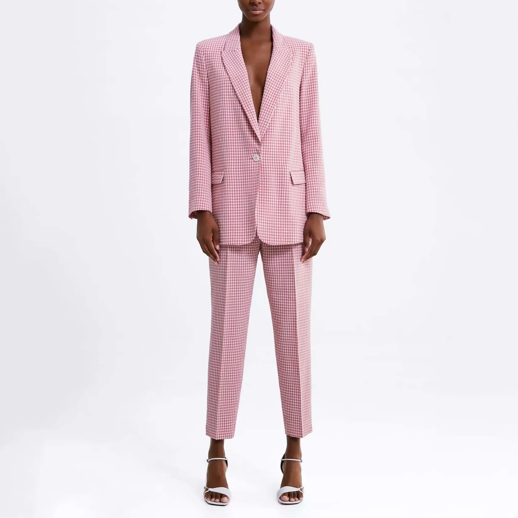 

2019 Summer Casual Plaid Two Pieces Set Notched Women Pant Suits Clothes Spring Button Blazers Coats And Pants Pant Suits