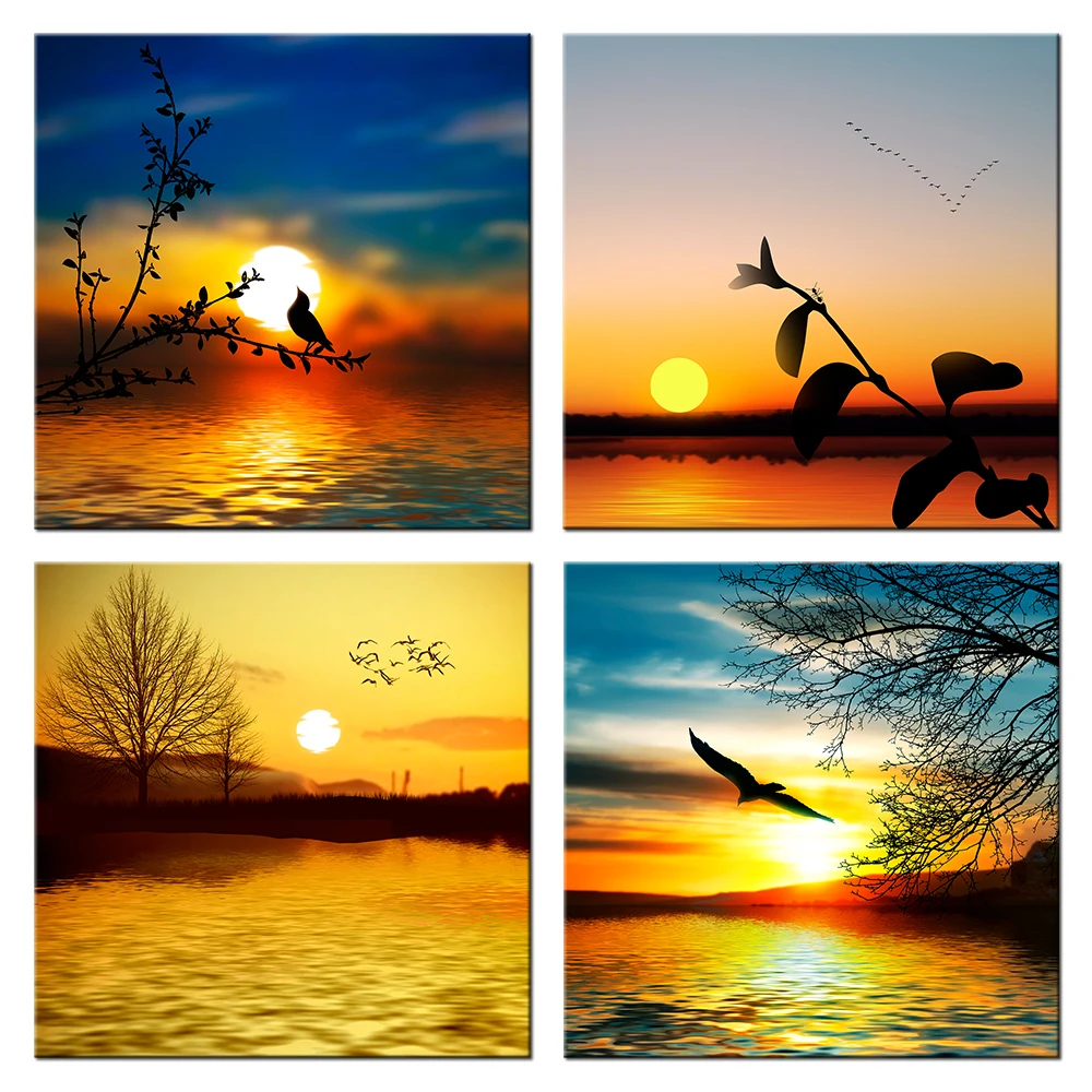 Zonsondergang Silhouet Schilderen Canvas Prints Zeegezicht