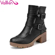 brown black New Winter Shoes Woman Zipper Round Toe Med Heel Ankle Boots PU leather Riding Boots Fashion Ladies Shoes Size 34-43