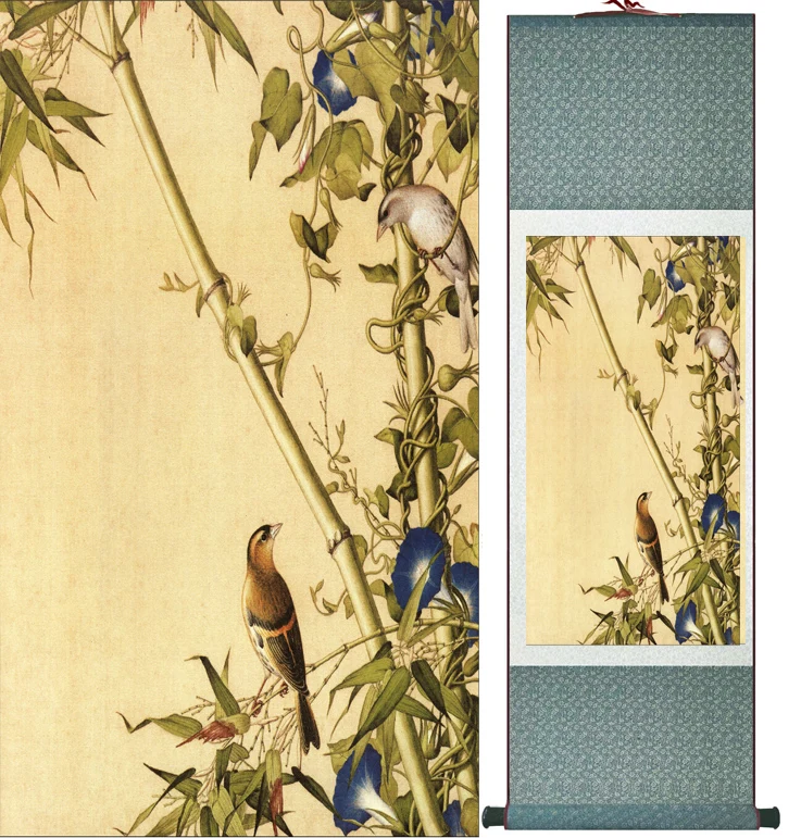 

LangShining ink painting Birds and flower Painting Spring Ink wash painting silk scroll birds and flower painting