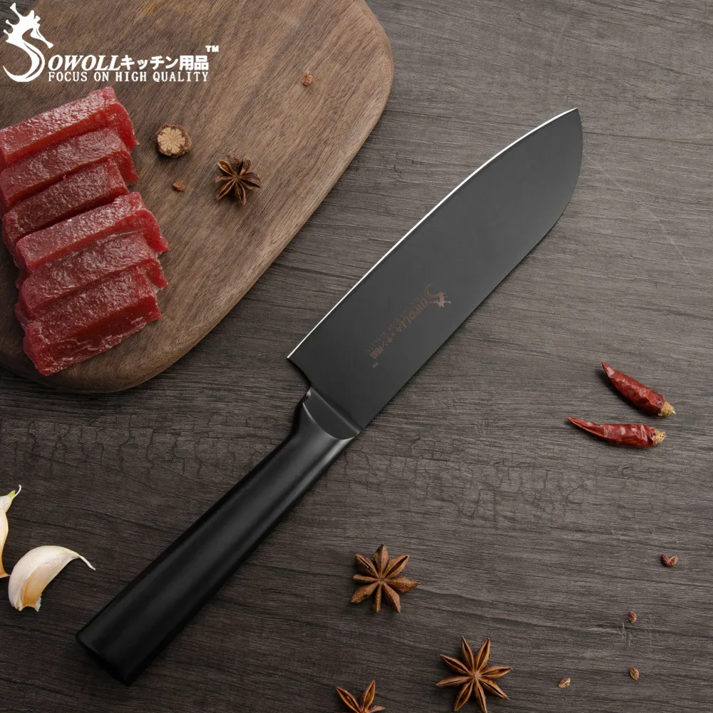 SOWOLL разделочный нож Santoku Nakiri, набор кухонных ножей из нержавеющей стали 3Cr13 с черным лезвием, кухонные принадлежности