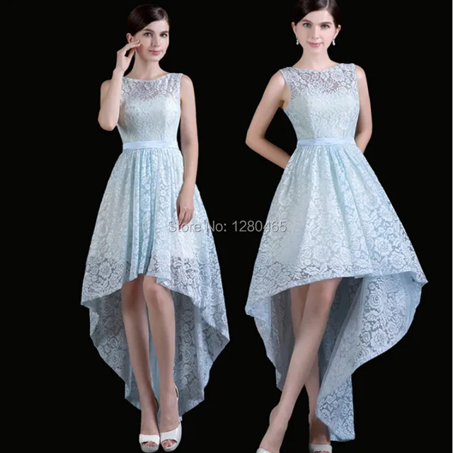 Light Ice Blue Short Lace Bridesmaid Dress Hi Low Short Front Long - 640x640 - jpeg Ice Blue Lace Bridesmaid Gowns