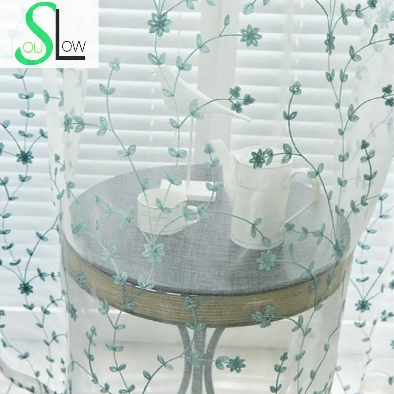 

Slow Soul Green Blue Embroidered Curtain Customized Leaves Pastoral Curtains Tulle Cortinas For Living Room Kitchen Bedroom Baby