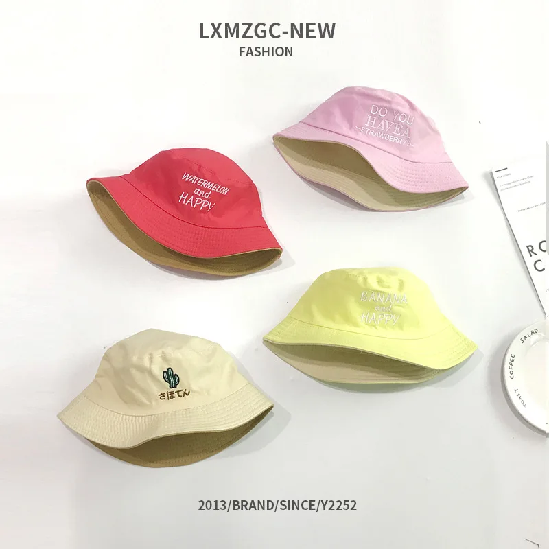 

New Spring&summer Thin Children's Hat Fruit Letter Embroidery Double-sided Fisherman Hat Boy&girl Baby of The Basin Cap