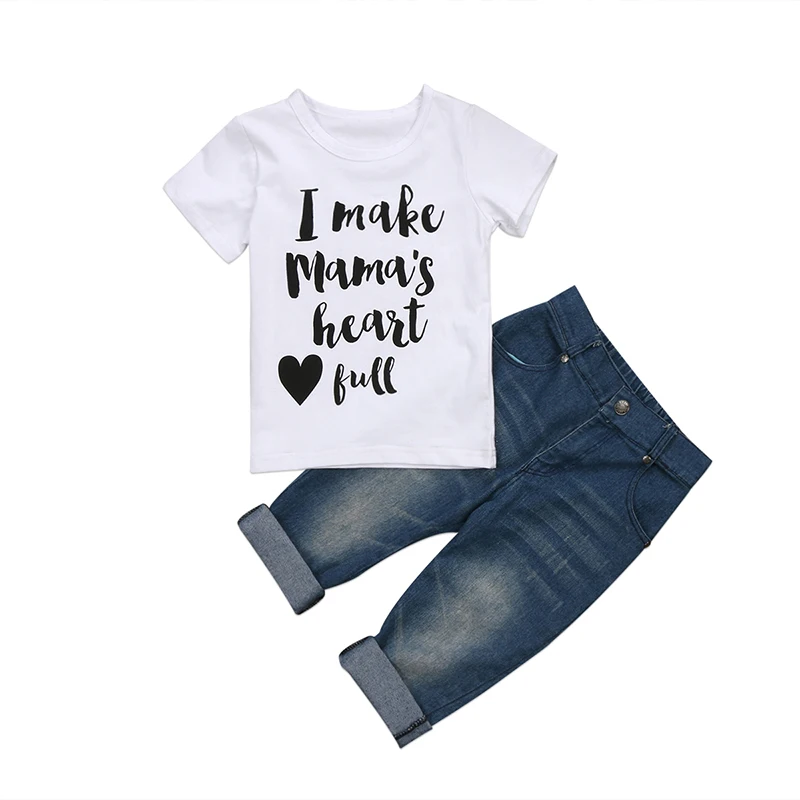 

1-5Y Newborn Toddler Kids Boy Girl Clothes Short Sleeve Letter print Cotton T-shirt Tops+Denim Pant Jean 2PCS Children Set