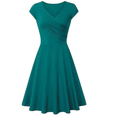 Зеленое платье женское фиолетовое черное желтое 16 цветов S-3XL Плюс Размер Новое весенне-летнее плиссированное платье с коротким рукавом с v-образным вырезом LR193 - Цвет: Light ink green