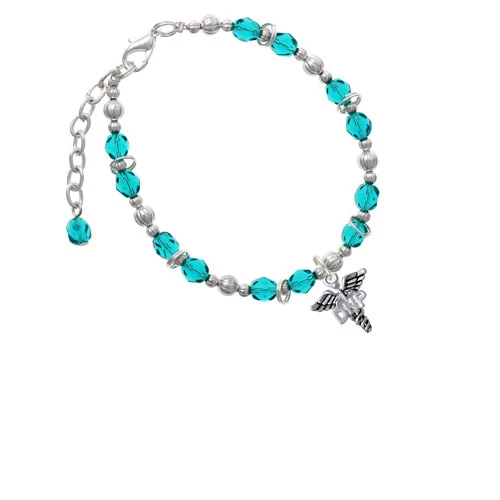 Silvertone Caduceus - DNP Teal Beaded Bracelet