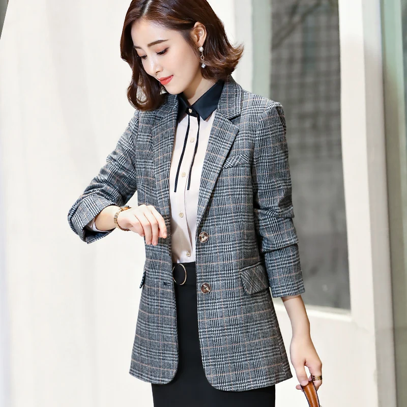 Longues Ol Hiver Femmes Treillis Blazers Formelle Slim Bleu Manches Acrmrac Automne Veste Et À gris Longue 1UPHq1f