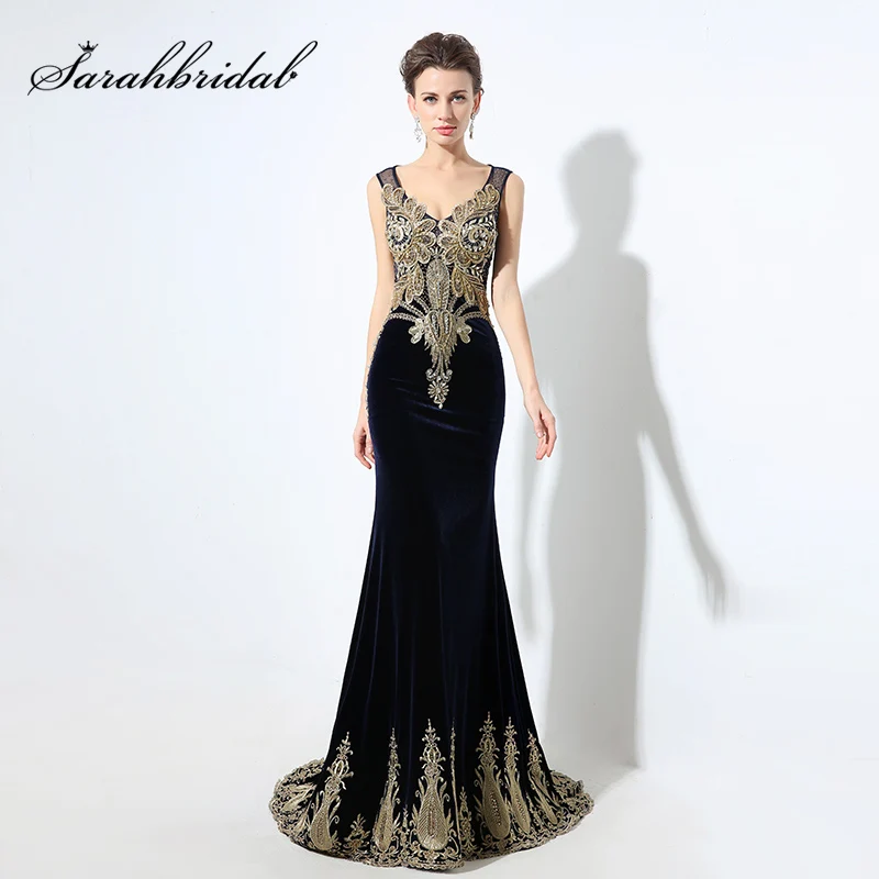 

Elegant Gold Lace Mermaid Evening Dresses Nevy Blue Velvet 2016 Real Picture Handmade Crystal Formal Prom Gowns robe de soiree