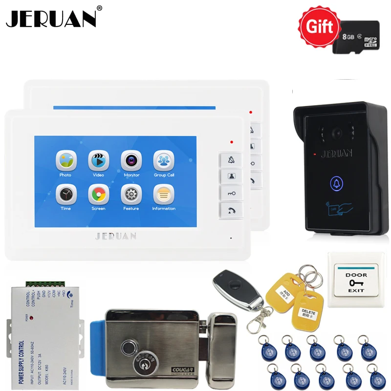 

JERUAN 7`` LCD COLOR Video Intercom Doorbell Video/voice Recording Intercom System kit Waterproof RFID Access Camera +E-lock 1V2
