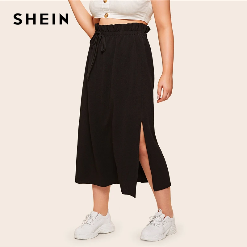 

SHEIN Plus Size Black Ruffle Drawstring Paperbag Waist Split Side Skirt 2019 Women Spring Summer Casual Long Hem Maxi Plus Skirt