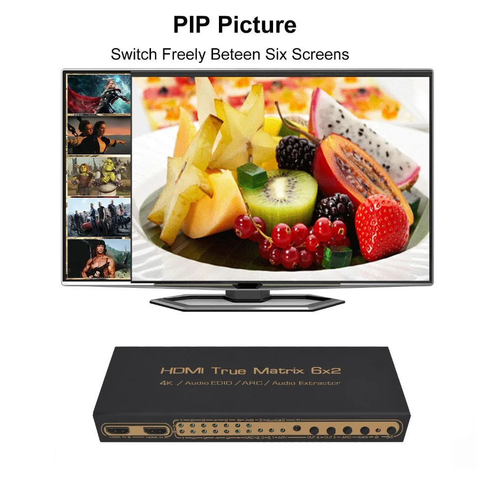 

PUZHIJIE 6x2 HDMI Matrix Switch 6 In 2 Out Switcher Splitter with Optical L R Audio Output Support Ultra HD 4K 2K 3D 1080P