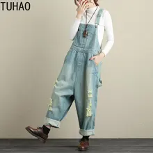 TUHAO весенне-летний Повседневный джинсовый комбинезон полной длины, винтажные Свободные Комбинезоны с дырками и винтажным принтом, 2 цвета, женские комбинезоны