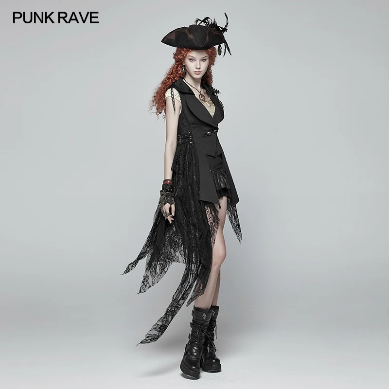 Punk Rave Women Vest Waistcoat Gothic Punk Dark Black Lace Fashion Casual Slim-Fitting Asymmetric Stage Performance Costumes