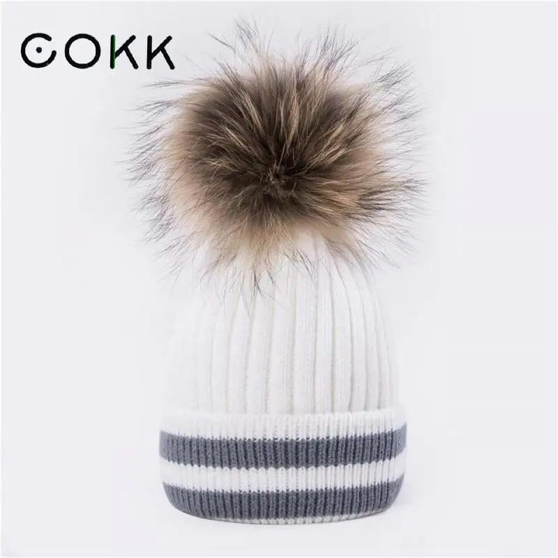 COKK, зимняя шапка, женская, в полоску, вязаная шапка, теплая, Skullies Beanies, натуральный мех енота, Pom, шапочка с помпоном, шапка-чулок