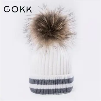 

COKK Winter Hat Female Women Stripe Knit Cap Warm Skullies Beanies Real Natural Raccoon Fur Pom Pom Pompom Bonnet Stocking Hat