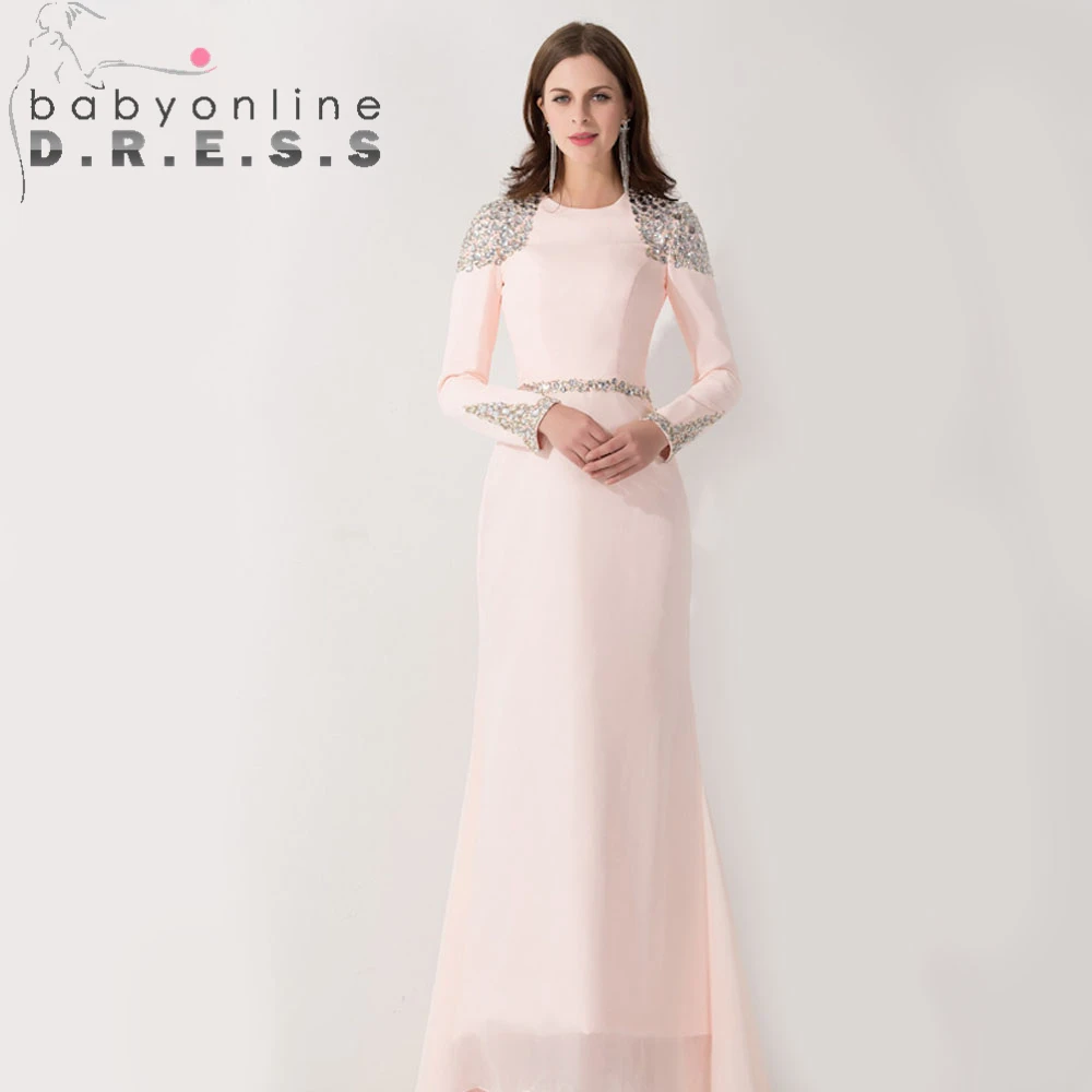 Middle East Pink Arabic Muslim Evening Dress Long Sleeve Beaded Kaftan Dubai Evening Gowns Robe de Soiree Longue Abendkleider