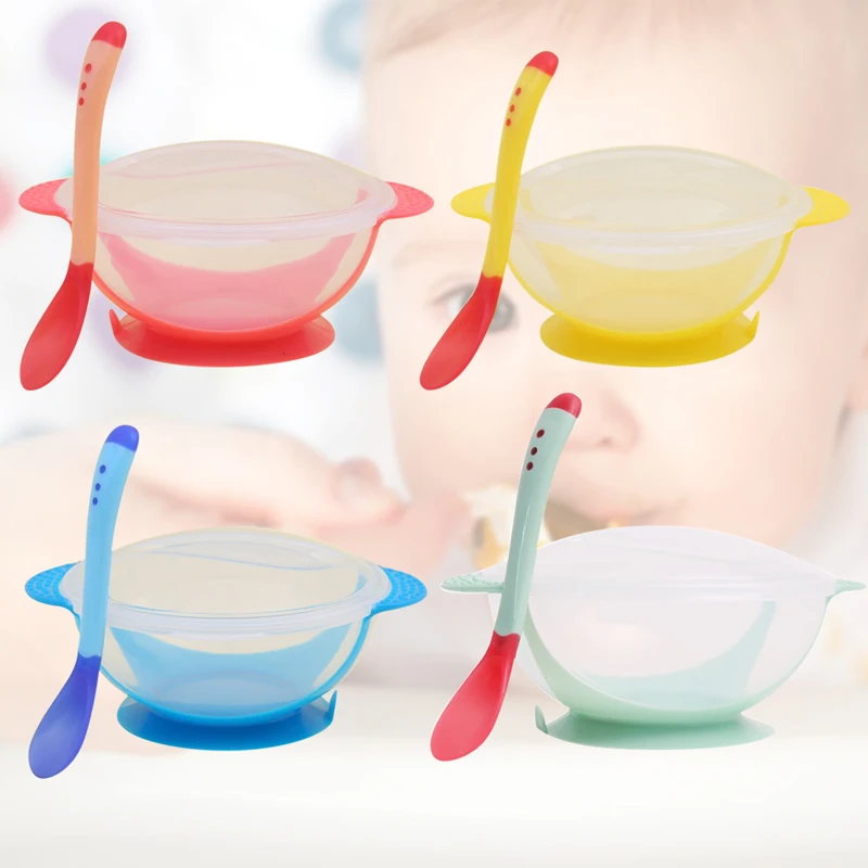 

CALOFE 3Pcs/set Baby Tableware Dinnerware Suction Bowl Temperature Sensing Spoon Baby Food Baby Dinner Feeding Bowls Dishes