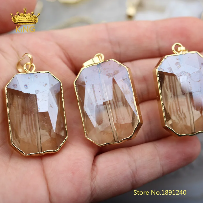 

10pcs Champagne Glass Faceted Rectangle Loose Beads Pendants,Cut Glass Plated Gold Edged Copper Charms Crafts Necklace ZJC02