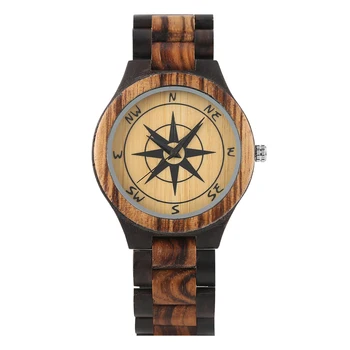 

Men's Watch Natural Wood Wristwatch Concise Quartz Compass Pattern Watch Black Ebony Wood Watch