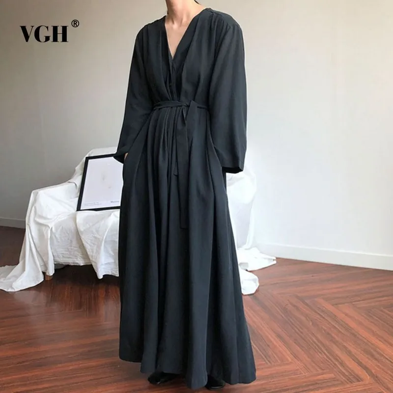 VGH المرأة فستان طويل V الرقبة كم طويل الدانتيل يصل عالية الخصر فضفاض المعتاد واحدة الصدر فساتين الإناث الأزياء الأنيقة جديد