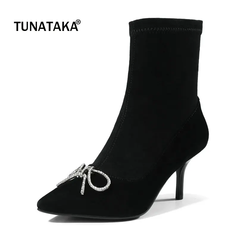 

Suede Thin High Heel Pointed Toe Woman Ankle Boots Fashion Bow Knot Dress Laides Zipper Boots Black