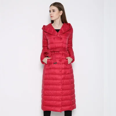 SoftFox новейшая зимняя куртка-пуховик на утином пуху, женское длинное пальто, парки, теплая одежда с капюшоном, длинный рукав, высокое качество - Цвет: Red