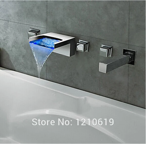 

US Free Shipping Wholesale And Retail 5Pcs Bathtub Waterfall Faucet Set Three Handles LED Color Changing Chrome Deck Mounted