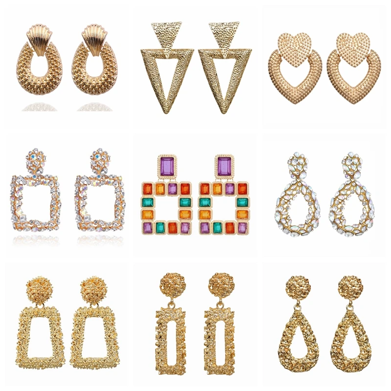 

Big Vintage Earrings for Women Gold Silver Trendy Bohemia Geometric Statement Earing Large Square Luxury Crystal Fashion Jewelry