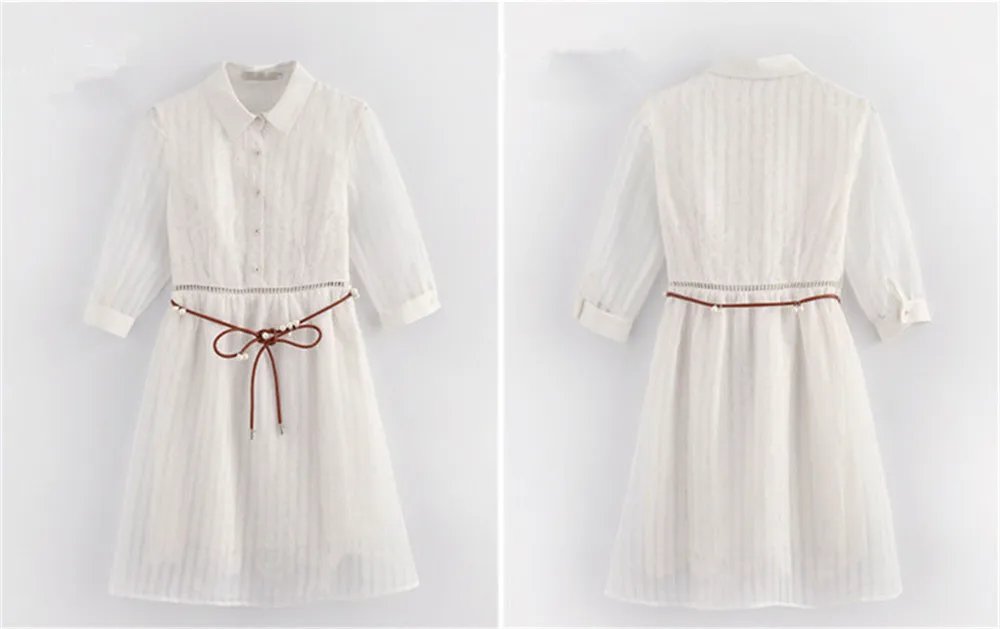 Fashion White Sweet Dress 2017 Summer&Autumn High Quality Chiffon Half Sleeve Casual Party Dress Hollow out Sashes Pearl Vestido (6)