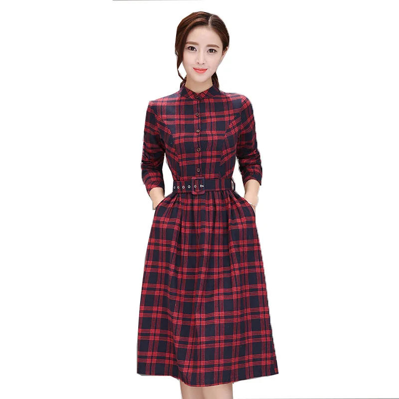 

Women Dress Spring Long Sleeve O-neck Plaid Dresses Plus Size Ladies Clothes Female Elegant Frocks Vestido Vintage Dress HQB64