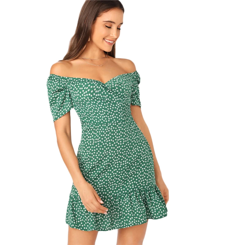 SHEIN Green Off фиксатор для плеча спереди гофрированный подол Ditsy цветочный мини-платье женские летние пышные рукава с высокой талией в стиле бохо тонкие платья