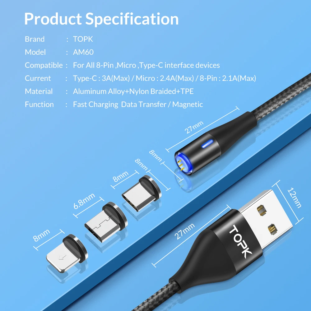 TOPK 1M 3A светодиодный магнитный usb-кабель для быстрой зарядки и передачи данных для iPhone X 8 type-C кабель Micro USB кабель для Redmi Note 7