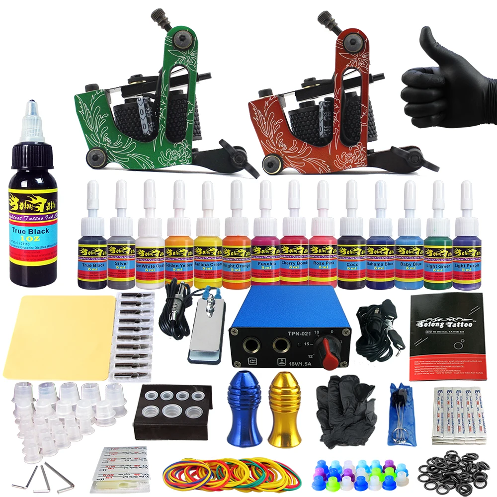 

Solong Tattoo Complete Tattoo Kits 2 Machine Gun Beginner Tattoo Set 14 Inks Needle Grips Foot Petal Power Supply TK203-15