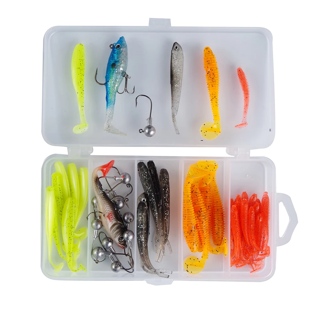 

Fishing lure set 5 kinds of lures with 5g jig head Hooks Total 52 pcs Wobbler Lures soft bait Light Jigging Lure with hard Box