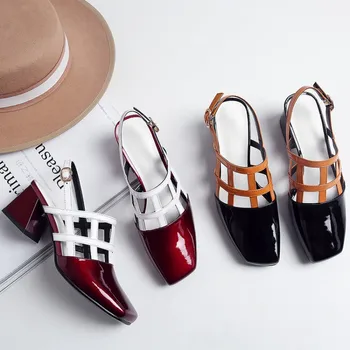 

GPOKHDS 2019 women sandals Cow leather summer buckle strap mixed colors square toe Rome style high heels sandals party dress