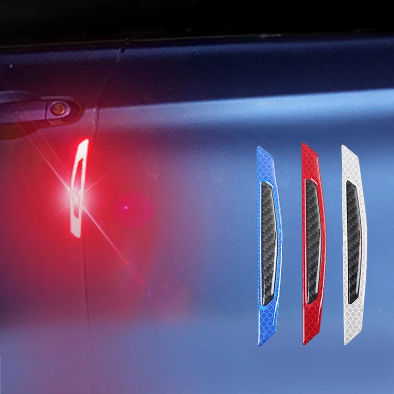 

4pcs Car Stickers Reflective Strips Anti Scratch Sticker Carbon Fiber Protector Auto Door Glue Sticker Cars Door Reflective Tape