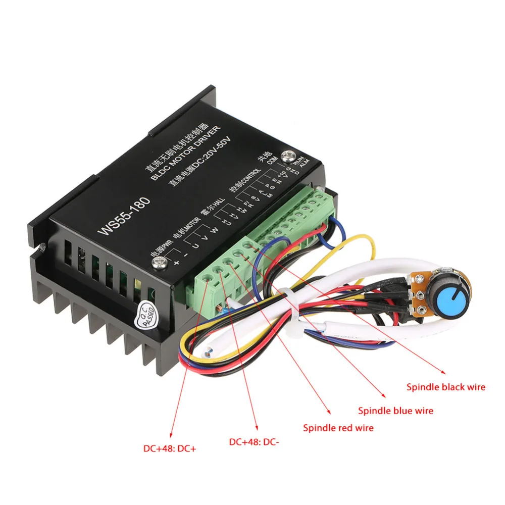 WS55-180 драйвер двигателя постоянного тока 20 V-с алюминиевой крышкой, 50В ЧПУ бесщеточный электродвигатель вращения шпинделя BLDC мотор драйвер контроллер