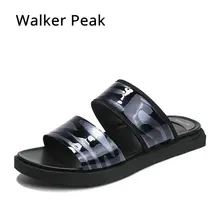 Летний Повседневное уличные, из натуральной кожи пляжные Для мужчин тапочки черная бычья кожа мужские шлепанцы без задника с открытыми пальцами; Пляжные Шлепанцы из дышащей Walkerpeak