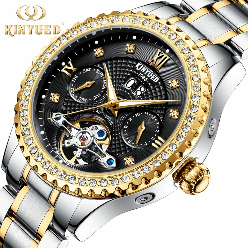 

KINYUED Luxury Mechanical Watch Multi-function Calendar Month Luminous Waterproof Tourbillon Watch Sports Stainless Steel Clock