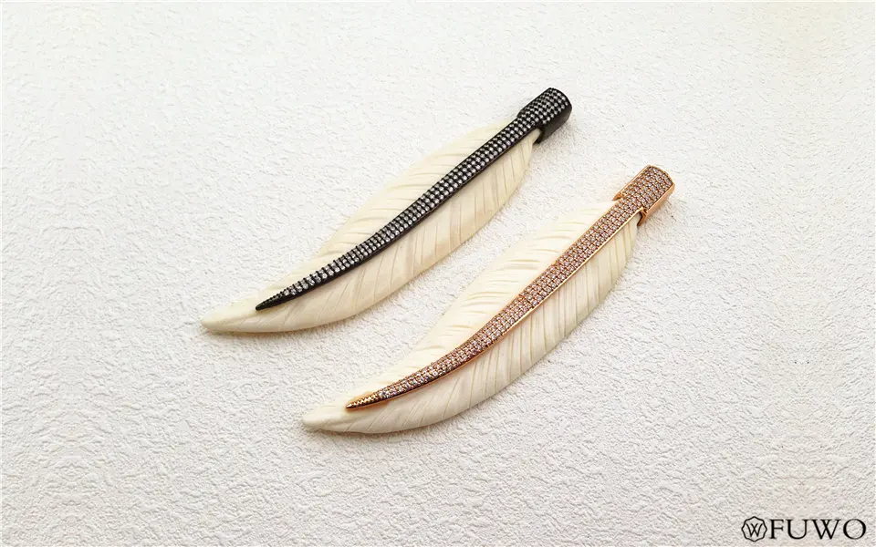 Natural Bone Carved Micro Pave Leaf Feather Pendant 8