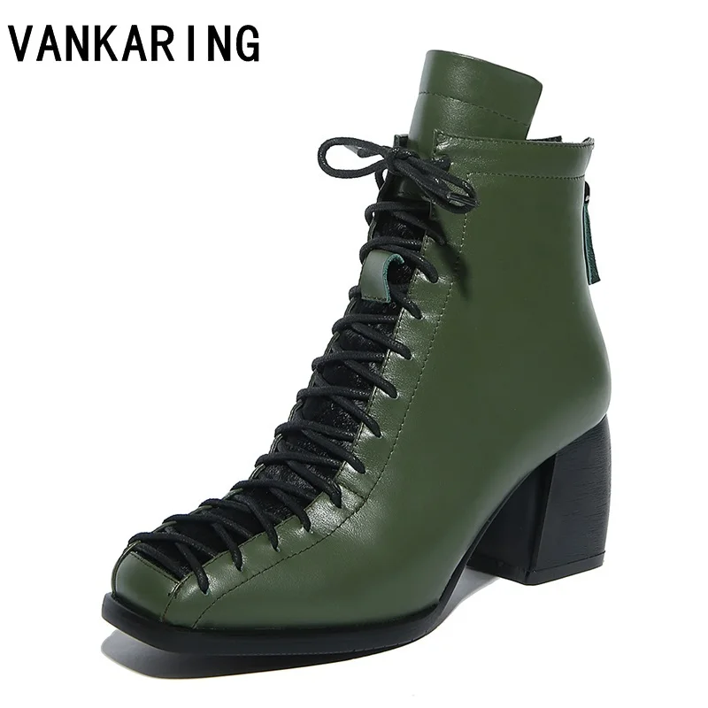 

VANKARING plus size 34-42 new autumn winter women ankle boots high heels square toe zipper shoes woman riding motorcycle boots