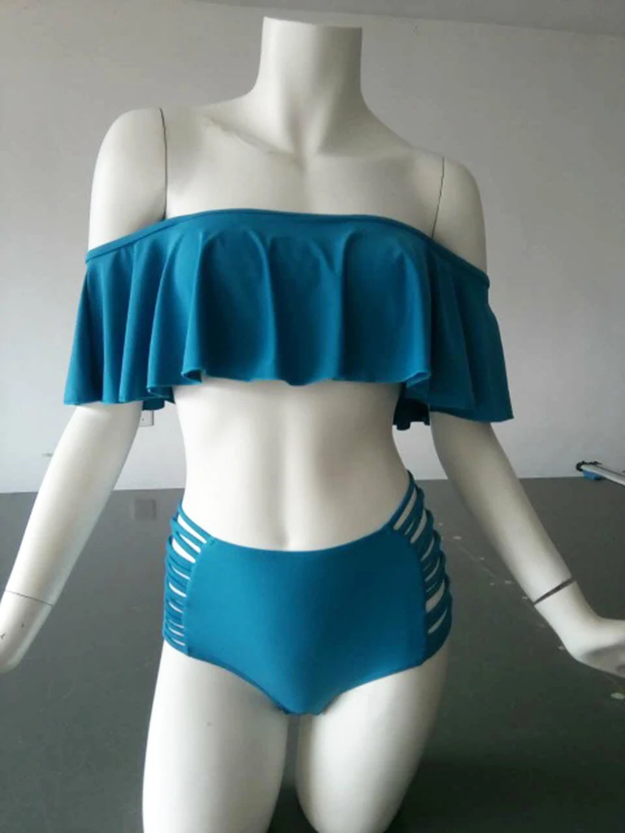 Sweet Big Lotus boat neck Split swimsuit with high waist swimming trunks women swimwear Young lady swimwear Bikini-z (2)