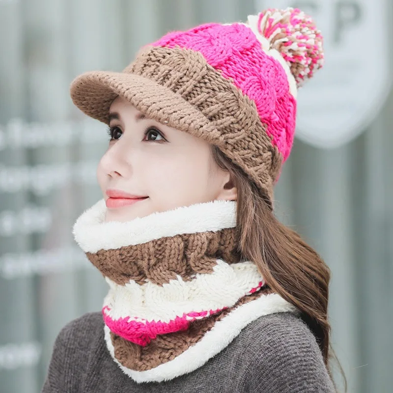 Модная женская осенне-зимняя шапка и шарф, комплекты для женщин, вязаная утолщенная шапка с воротником, комплекты для студентов, теплая шапка для девочек, вязаные шапочки