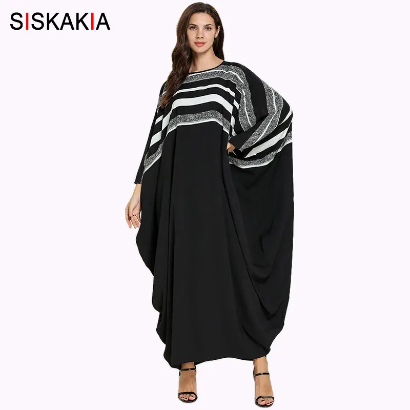 

Siskakia Fashion Black White Stripe Patchwork Abaya Dress Oversize Muslim Maxi Long Dresses Bat Sleeve Arabian Clothes Fall 2019